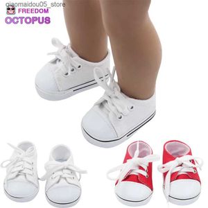 Sneakers à la mode 43cm Nouveaux chaussures de toile de poupée bébé chaussures de sport 18 pouces accessoires de poupée ronde chaussures et chaussettes en dentelle Q240413