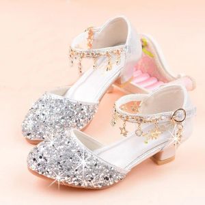 Sneakers Flower Children Rhinestone Princess Dress Shoes for Girls Silver High Heels Modèle Show Crystal Single Shoes 6 8 10 14 16 ans