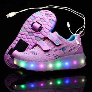 Sneakers New Pink Blue Red USB Charges Fashion Girls Boys LED LED Light Roller Skate For Children Kids Sneakers avec roues Deux roues