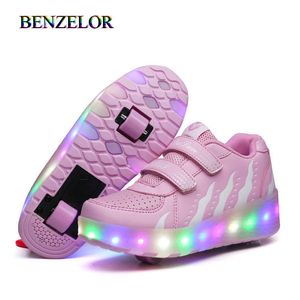 Zapatillas de deporte Zapatos de rodillos con dos ruedas Wheelys LED Zapatos Niños Niñas Niños Niños Iluminan Luminoso Brillante Iluminado 210907