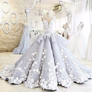 Si belle robe De bal bouffante fleurs 3d robes De mariée col transparent Peplum luxe robes De mariée sans manches robes De Novia