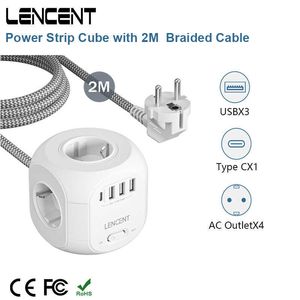 Sockets LENCENT Strip Cube con 4 salidas de CA 3 puertos USB 1 tipo C 2M cable trenzado adaptador de corriente mltiple con interruptor para el hogar Z0327