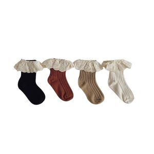 Chaussettes en dentelle pour bébé fille, chaussettes solides, mi-tube, avec volants, absorbe la sueur, en coton, 4 couleurs, confortables et douces pour garçon