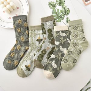 Chaussettes bonneterie 5 paires femmes ensemble rétro Style campagnard vert automne fleuron doux doux pour la peau respirant mode coréenne 221124