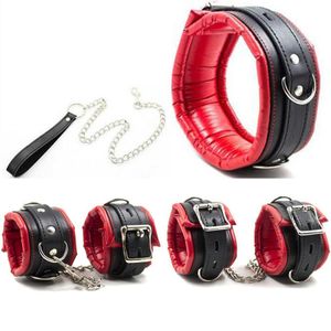 Suave acolchado Bdsm Bondage Set Fetish Sex Slave Collar de cuello con correa Mano Muñequeras Tobillo Restricción Juguetes sexuales para Golpe Y200410