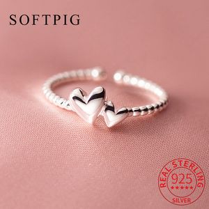 SOFTPIG INS Real 925 Sterling Silver Heart Adjustable Ring For Fashion Women Classic Fine Jewelry Minimalist Accessories