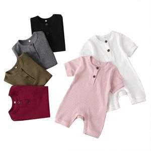 Color sólido Mamelucos del bebé Verano de manga corta O-cuello Niñas Mameluco Ropa de cuerpo de algodón Unisex Recién nacido nfant Ropa 3-18 Meses 201027