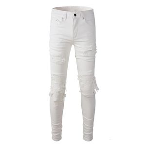 Sokotoo Mens White Stretch Ripped Biker Jeans Slim Skinny Pyshwork Patchwork Denim Pants 240420