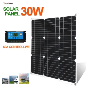 Sistema solar para el hogar, kit de panel solar fotovoltaico de 30 W, 2 USB, 5 V, 18 V CC, controlador de 60 A, carga de batería de energía para caravana, módulo fotovoltaico para exteriores