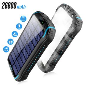 Banco de energía Solar de carga rápida para iPhone, Huawei, Xiaomi, batería de repuesto con fuerte luz de acampada, 26800mAh, 15W