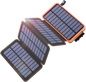 Banque d'énergie solaire, chargeur solaire d'énorme capacité de 10 000 mAh avec panneaux solaires pliables 1/2/3/4 et lumière LED, 2 sorties USB-C et 1 entrée pour camping en plein air, randonnée, urgence