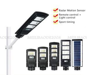 Lámparas de calle solares Sensor de movimiento de radar de 12 m Proyectores LED impermeables IP67 Luces de pared Luz de carretera de jardín de paisaje al aire libre con poste y luces de inundación de control remoto