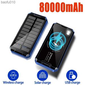 Banco de energía inalámbrico solar Cargador portátil de 80000 mAh Paquete de batería externa de alta capacidad con LED fuerte para IPhone Xiami Samsung L230619