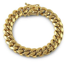 Solid 18k Gold Stainless Steel Mens Thick Heavy Miami Cuban Link Chain Bracelet 8mm-14mm Bracelets Men Punk Curb Chain Double Safety Clasp
