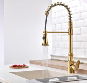 Solid Brass Bathroom Kitchen Sink Tap Hot Cold Water Spout Mixer Pull Out Sprayer Nozzle Faucet Single Handle Hole Deck Mount Gold Polished
