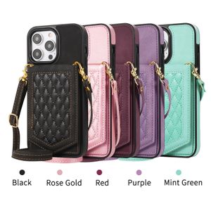 Estuches para teléfonos a prueba de golpes para iPhone 14 13 12 11 Pro Max XR XS X 7 8 Plus Estuche con soporte de cuero PU de color sólido con espejo y correa para el hombro