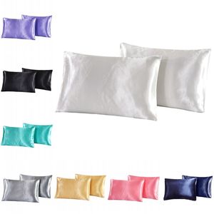 Funda de almohada de seda de simulación de Color sólido, funda de almohada de satén suave y transpirable, suministros de ropa de cama