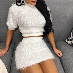 Survêtements pour femmes Solid Furry Fashion Sexy Women 2 Piece Sets Short Sleeve Party Club Col roulé Outfits Slim Crop Top And Skirt Co-ord Set