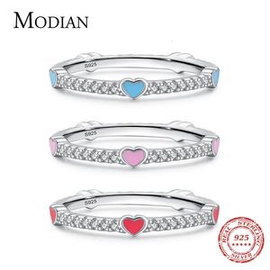 Anillo solitario MODIAN 925 Plata de ley Romántico 3 colores Esmalte Corazón Anillos de dedo para mujeres Sparkle Clear CZ Band Regalo del día de San Valentín Anel 231101