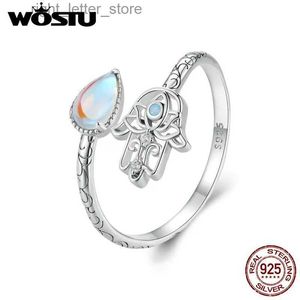 Anillo solitario WOSTU Anillo abierto de plata de ley 925 con mano de Hamsa, anillo de la suerte con motivos florales y piedra lunar para mujer, regalo de protección de la felicidad YQ231207