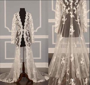 Solovedress nuevo elegante largo Apliques de encaje chaqueta de boda de manga larga chales de novia hechos a mano capa transparente accesorios de boda