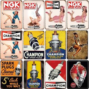 Spark Plugs Service Tin Sign Vintage Garage Metal Plate Peinture Champion Retro Iron Picture Wall Decoration for Garage Car Shop Custom Art Decor 30X20CM w01