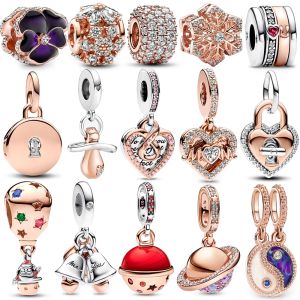 Sparkling 925 Sterling Silver Rose Gold Balloon Bells Padlock Heart Baby Pacifier Sea Shell Pearl Charm Fit Pan Bracelet
