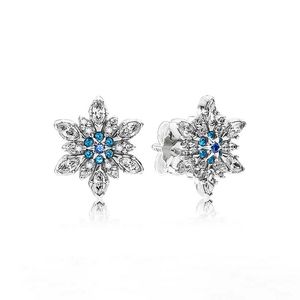 Boucles d'oreilles à tige en forme de flocon de neige bleu étincelant pour Pandora authentique en argent sterling pour femmes et filles, bijoux de mariage, ensemble de boucles d'oreilles de créateur en diamant CZ avec boîte d'origine