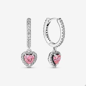 Sparkling Halo Heart Hoop Pendientes para Pandora Real Sterling Silver Wedding Pendiente diseñador Joyas para mujeres Pink Crystal Diamond Love pendiente con caja original