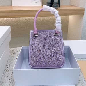 Mini fourre-tout lilas étincelant, sacs à bandoulière à longues bretelles, marque luxueuse, clé de téléphone, porte-monnaie, sacs à main avec cristaux noirs