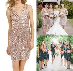 Vestidos cortos de dama de honor con lentejuelas brillantes, vestido de fiesta de boda, vestido de dama de Honor hasta la rodilla con cuello en V sexy, cóctel de boda con espalda baja5517263