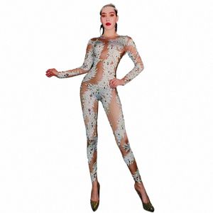 Sparkly AB Cristaux Blanc Imprimé Combinaison Femmes Leggings Sexy Fête D'anniversaire Tenue Discothèque Scène Performance Costume De Danse 72KQ #