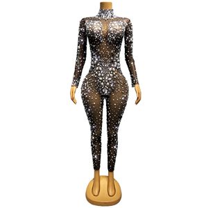 Sparkly Black Nude Pearl Strass Mesh Jumpsuit Stretch Shinny Transparent Crystal Justaucorps Barboteuses Sexy Stage Singer Dancer Bar Discothèque Performance Collants