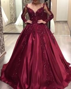 Robe de bal bordeaux scintillante robes de soirée formelles manches longues appliques perlées arabe Dubaï robes de soirée de bal occasion spéciale porter robe de tapis rouge