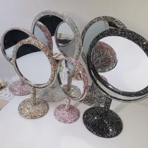 Miroirs compacts en cristal scintillant, entièrement incrustés de cristaux, miroirs de maquillage de bureau rotatifs à 360 degrés, miroirs grossissants à 2 faces