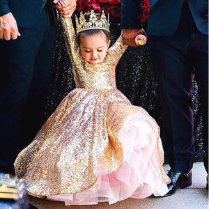 Vestido de niña de las flores de oro brillante Lentejuelas Manga larga Cuello de joya Vestido de desfile de niñas Gran vestido de cumpleaños de Gatsby Vestidos de primera comunión