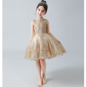 Robes de filles de fleur à paillettes d'or scintillantes pour les mariages perlées courtes robes de concours pour tout-petits col haut longueur au genou robe de bal en tulle pour enfants