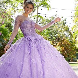 Sparkly Lilas Quinceanera Robes 2022 À Manches Longues En Dentelle 3D Fleurs Paillettes Perles Strass Princesse Partie Sweet 15 Robe De Bal Robe Robes De 16 A￱os Brithday