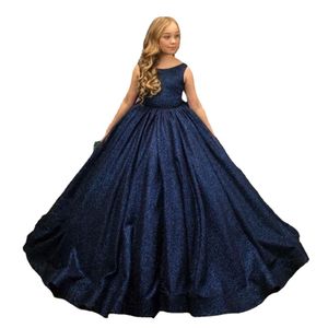 Robes de demoiselle d'honneur bleu marine scintillantes sans manches pour mariage princesse robe de bal enfants Pageant robes de première Communion avec arc