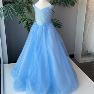 Sparkly Pageant Dress for Teens Juniors 2022 Ballgown Off-the-Shoulder Long Pageant Gown Little Girl Lace Up Formal Party Princess Cinderella-Blue Floor Length