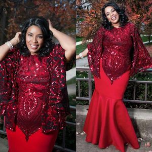 Sparkly Plus Size Dentelle Sirène Robes De Bal Bateau Cou Manches Longues Robes De Soirée Paillettes Étage Longueur Satin Robe Formelle