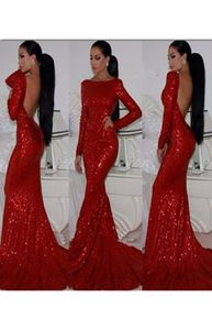 Robes de bal scintillantes sirène sans dos sans secoue rouge ajusté robe brillante robe de cou high coude formelle à manches longues robes 9668351