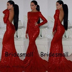 Envío Gratis vestidos de fiesta brillantes recién llegados vestido de sirena sin espalda ajustado vestido de lentejuelas rojas vestidos formales de cuello alto