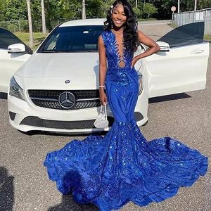 Vestido de fiesta de lentejuelas azul real brillante para mujeres negras Vestidos de noche africanos de sirena elegantes 2023 Vestidos de fiesta de noche sin mangas Hermoso vestido formal Aso Ebi
