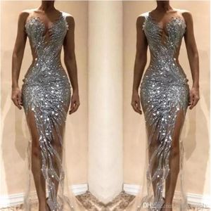 Sparkly Silver Mermaid Prom Dresses 2022 Sexy See Through Lentejuelas Corpiño Split Long Women Ocasión Vestidos de noche por encargo BC062240w