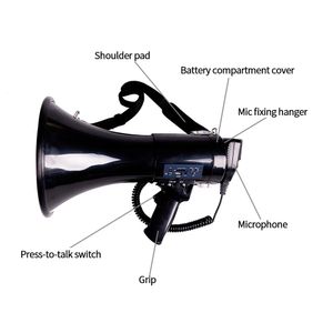 Haut-parleurs puissance contrôle du Volume Portable Bullhorn voix sirène Modes d'alarme haut-parleur mégaphone avec et sangle noir