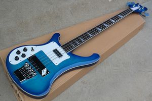 Guitare basse électrique bleue spéciale à 4 cordes avec pickguard blanc à gauche, matériel chromé, peut être personnalisée à la demande.