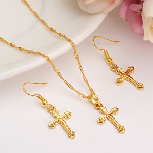 Conception spéciale Christian Vogue True Real 24K Solide Or Fin GF Crucifix Croix Intemporel Charme Boucles D'oreilles Pendentif Chaîne Ensemble