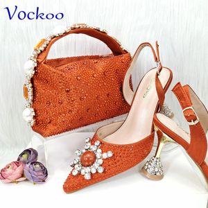 Ensemble de chaussures et de sacs pour femmes africaines, Design spécial de haute qualité, couleur Orange, avec cristal brillant, pour fête de mariage, 240106