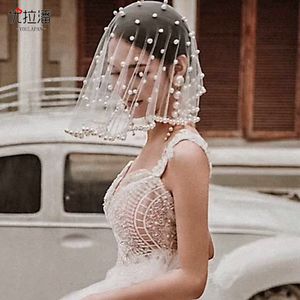 Elegantes perlas de tul velos de novia cubierta cara corta mujeres Headwear Blusher Veils accesorios para el cabello de lujo joyería para el banquete de boda suministros CL0476